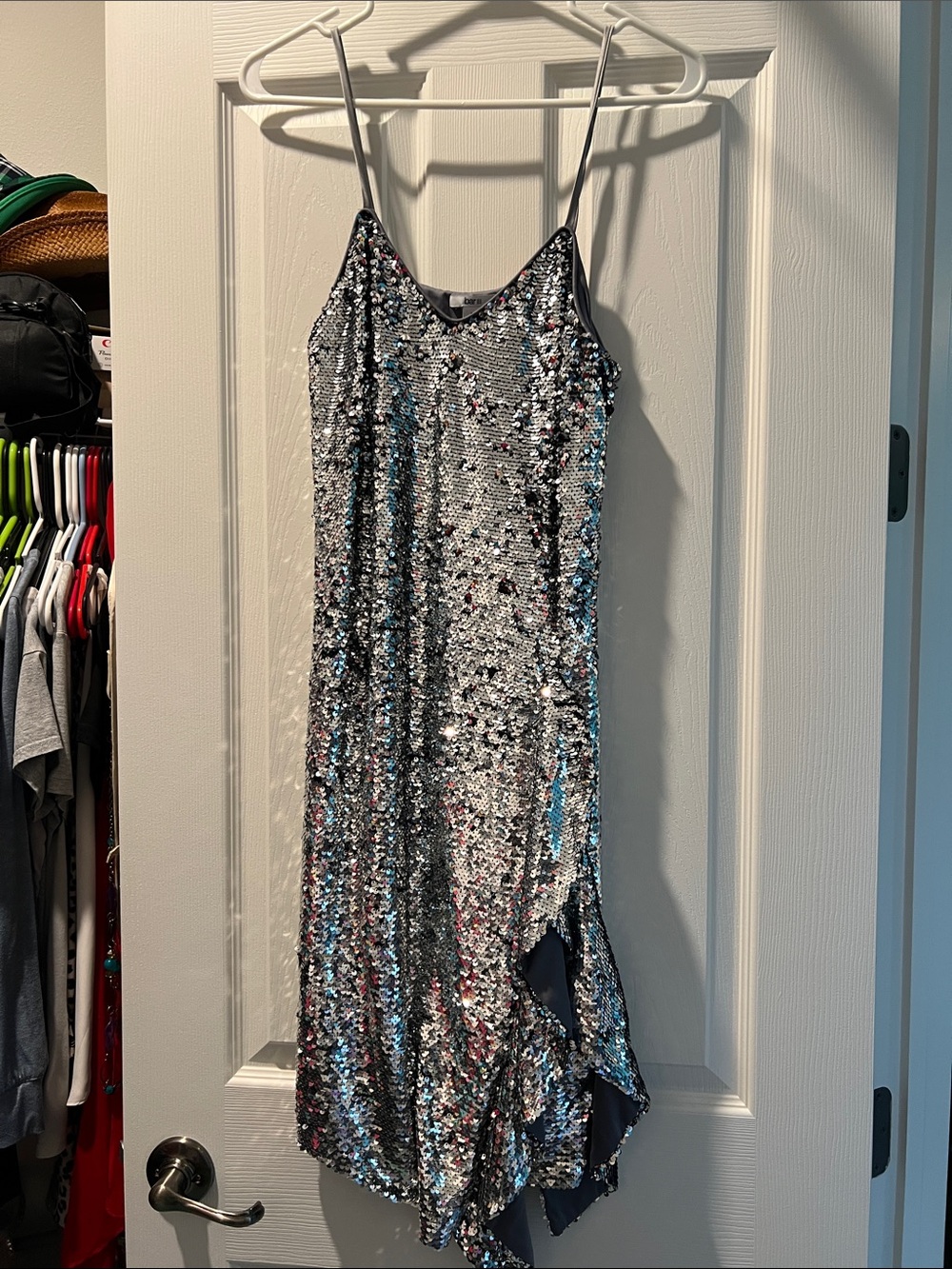 Bar III Metallic Silver Sequin Strapless Slip Dress
